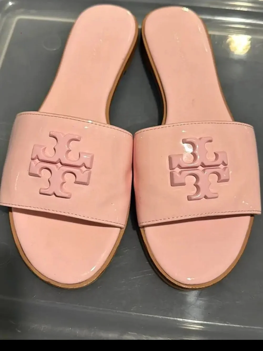 Tory Burch Blush Patent Logo Slide Sandals